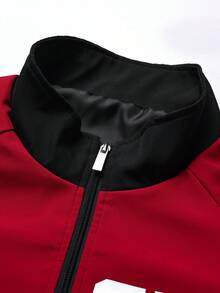 Giacca da uomo, abbigliamento da uomo, stile di moda da strada per uomo, giacca con colletto alto a contrasto, top, stampa di lettere patchwork, capo di moda singolo, versatile per uso esterno e pendolarismo - Rosso - Visualizzare 4