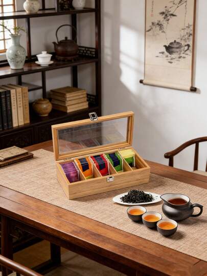 1pc Bamboo Tea Bag Storage Box - Multifunctional Tea Cabinet With Shelves For Coffee And Tea Bags, Desktop Organizer Display Box
