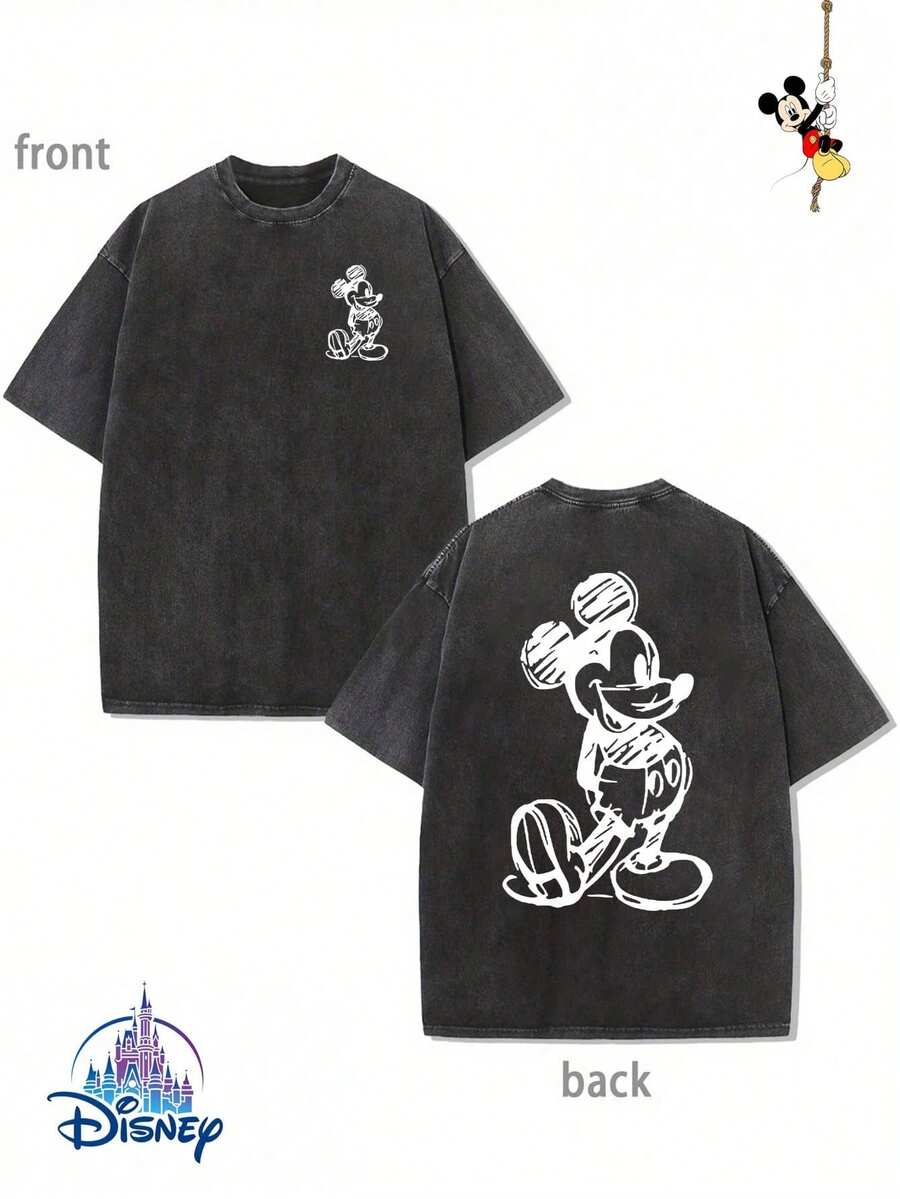 Disney Official Licensed  Sketch Double-Sided Graphic T Shirts 100 Percent Cotton  Shirt Washed 230g Unisex - Black - View 1