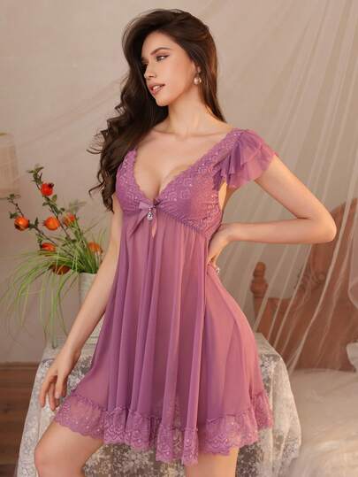 1 pieza Camisón de mujer con escote en V de encaje transparente, vestido de lencería sexy, camisón con tirantes finos ajustados para todas las estaciones