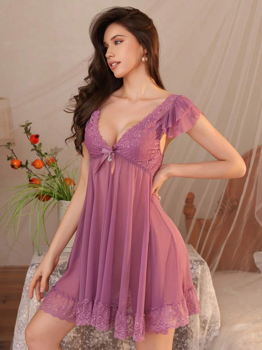 1件装女士蕾丝V领薄纱睡裙，性感吊带睡衣，修身细肩带睡衣，四季皆宜 - 紫色 - 查看 1