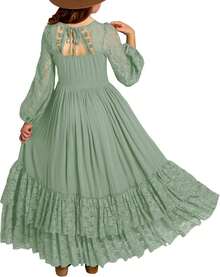 2026 Girls Elegant Lace Flower Boho Dress Long Sleeve Backless Square Neck Ruffle Party Maxi Dress - 06 淺綠色 - 查看 12