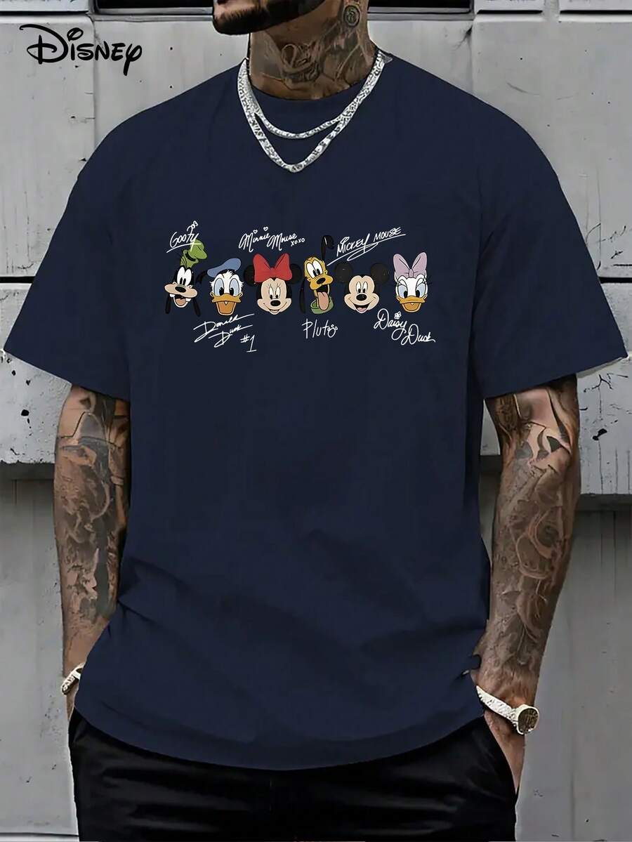 [Disney Official Genuine Authorization] Mickey Mouse And Friends Adult Signature T-Shirts Donald Duck Proto And Goofy Pattern, Short-Sleeved Round Neck Casual Summer Shirt, Machine Washable, Cartoon Design, Comfortable. - Màu xanh hải quân - Xem 1