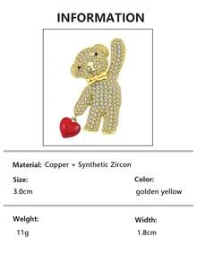 1pc Copper Zirconia Encrusted Heart Shaped Brooch Pin, Suitable For Men And Women Wear Or Gift - Bear Heart Brooch - View 7