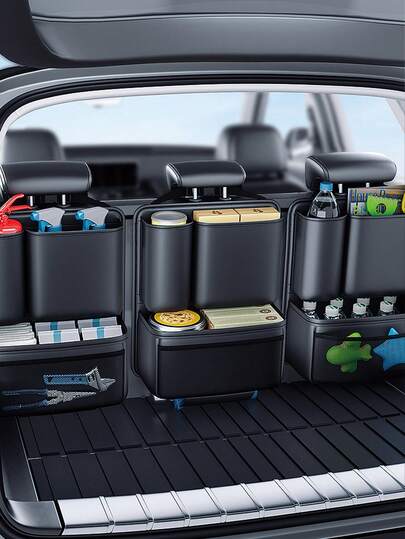 Car Trunk Organizer Hanging Storage Bag – Multi-Compartment Rear Seat Back Pocket For SUV, Hatchback & Sedan, Waterproof & Durable Cargo Organizer With Adjustable Buckle & Strong Hook And Loop,Rear Seat Back Pockets Storage Boxes (Black)