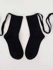 1双日式黑色交叉绑带薄款中筒袜，女士JK过膝长袜，纯黑色，Y2K风格，舒适 - 彩色 - 查看 1