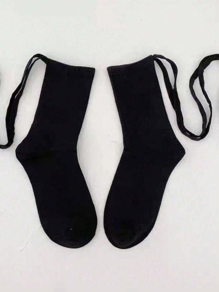 1双日式黑色交叉绑带薄款中筒袜，女士JK过膝长袜，纯黑色，Y2K风格，舒适 - 彩色 - 查看 1