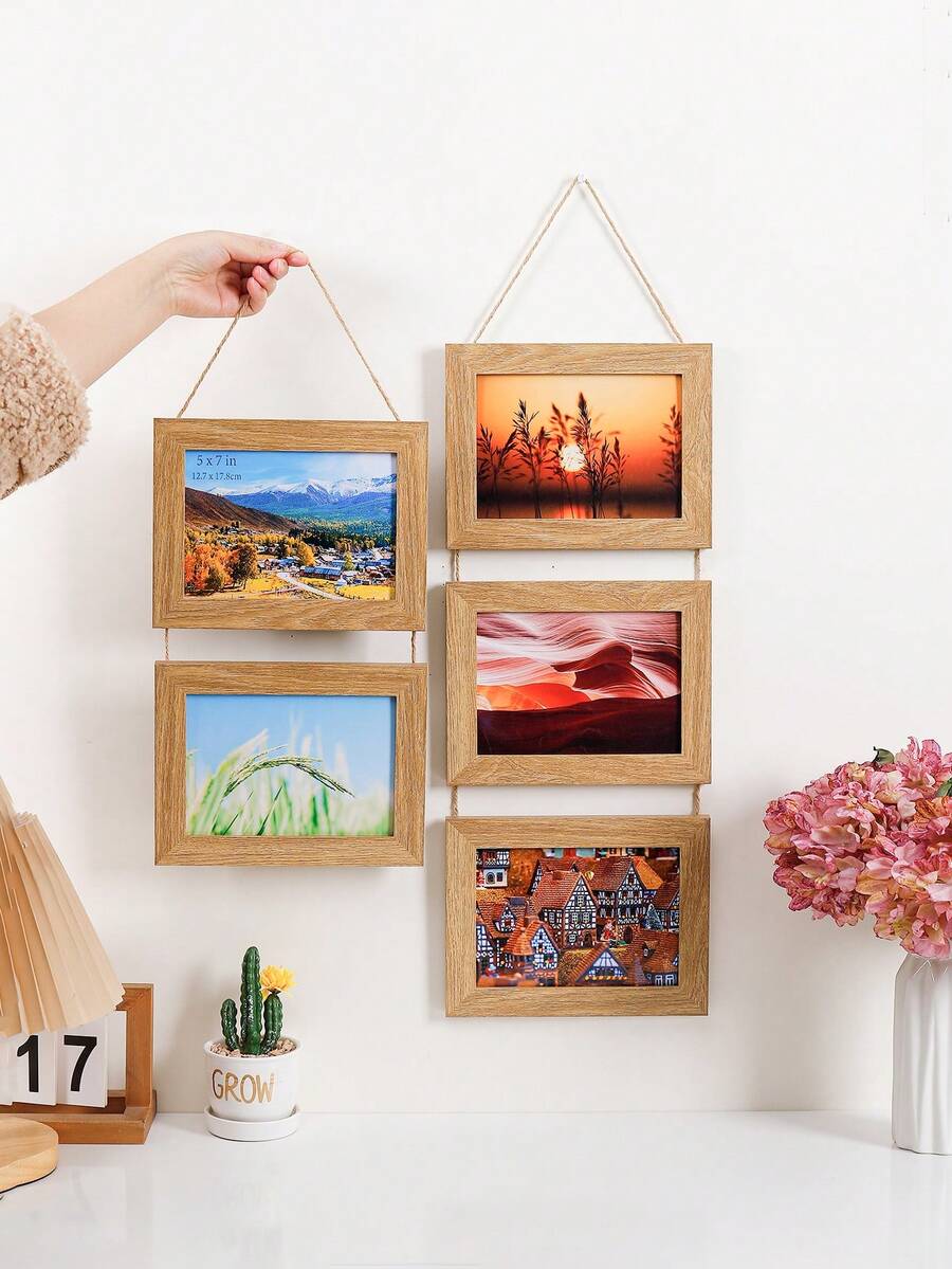 Vintage 7-Inch Composite Wood Photo Frame, Rope Hanging Multi-Frame Combination Photo Display, Multifunctional Decor For 5x7 Inch Family, Friends, Couples, Travel, Wedding Photos, Suitable For Home, Bedroom, Living Room, Hallway Wall Decoration - Multicolor - View 1
