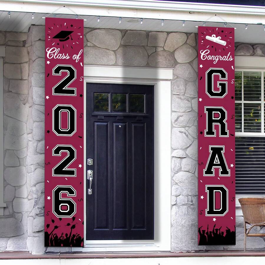 Decoraciones de graduación 2026, Pancarta de graduación 2026, Pancarta de felicitación colgante para el pórtico, Decoraciones para fiestas - Burdeos - Multicolor 3 - Ver 1