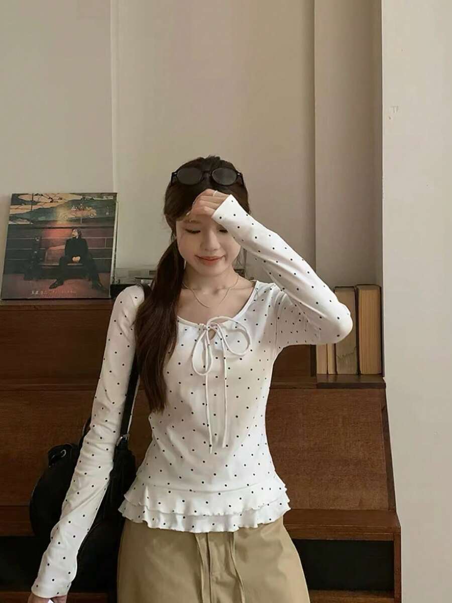 波点荷叶边长袖T恤,蝴蝶结设计,修身圆领休闲女式上衣 白色夏季 - 白色 - 查看 1