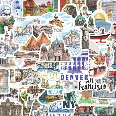 51pcs Stickers Featuring Graffiti Of Landmark Buildings - Waterproof Vinyl, Suitable For Laptops, Skateboards, Guitars, Suitcases, Etc. - Urban Aesthetic DIY Decorative Gifts Scrapbook Supplies Stationery Funny Stickers Kindle