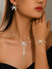 3 pezzi Set di gioielli da sposa, collana, orecchini e bracciale con strass, adatto per spose, fidanzamenti, anniversari, regalo di San Valentino - Set di quattro pezzi di gioielli in oro del 1807 - Visualizzare 5