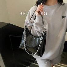 时尚链条肩带大容量通勤单肩包，适合油性皮肤女性 - 黑色 - 查看 12