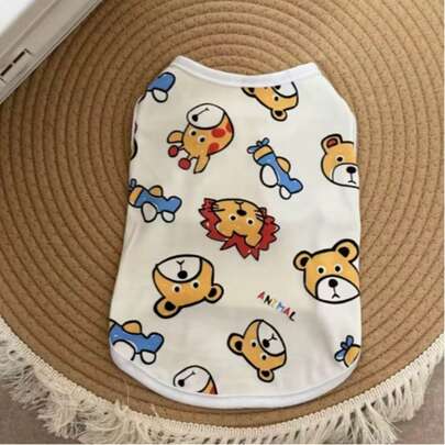 1件宠物背心，卡通动物图案，透气背心，防跳蚤防掉毛，适合室内外猫狗穿着