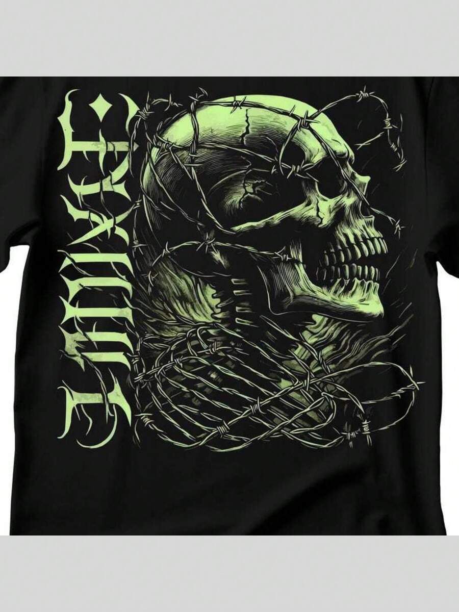 Green Skull T-shirt: Barbed Wire Gothic Rock Tee - Negro - Ver 1