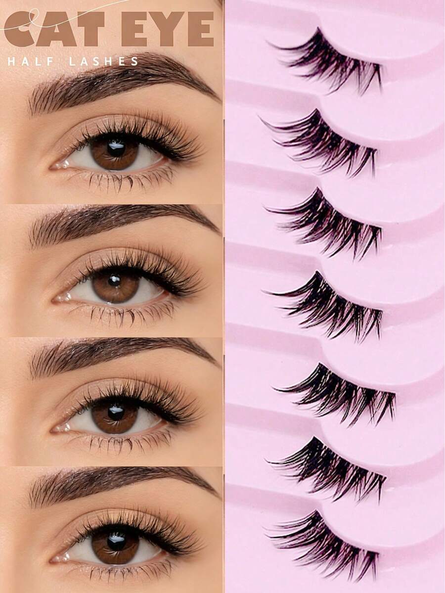 7 Pairs Half Lashes With Clear Band Cat Eye Tail With Eyelash Brush 1/5 PCS & Clip 1 PC Set Elongated Eyelashes Natural Look Wispy Faux Mink Lashes Fluffy Soft False Eyelashes Natural Makeup,Suitable For Christmas Makeup,Lashes, Faux Clis, Lash Cluters, Eyelashes, Magnetic Eyelashes, Lashes Cluers - Half Eyelashes - View 1