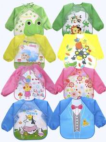 1件儿童防水围兜，带袖，男女通用，防污喂食围裙，可爱宝宝自主进食礼物，双面可用 - 彩色 - 查看 2