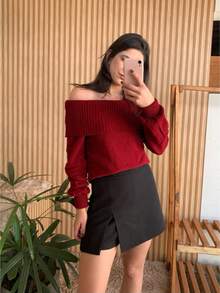 Knit Blouse With Off-The-Shoulder Yoke And Long Sleeves - Red - View 1