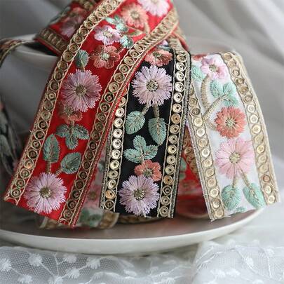 1pc 2.5 Yards Floral Embroidered Lace Trim, Apparel, Home DIY Decor Supplies, Holiday Gifts, Crafts And Sewing Supplies, Garment Decoration