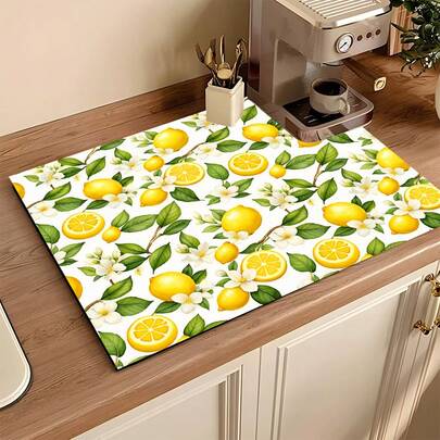 1pc Lemon Pattern Absorbent Drying Mat, Kitchen Decor, Coffee Machine Pad, Handmade Coffee Pot Draining Mat, Kitchen Floor Mat, Dining Table Mat, Kitchen Counter Bowl Drying Mat, Breakfast Mat, Heat-Resistant Anti-Slip Coaster, Washing Machine Mat, Diatomite Draining Mat, Hides Stains, Super Absorbent Kitchen Mat, Easy To Clean Dish Rack Mat, Suitable For Kitchen, Dining Table, Coffee Shop, Bar, Holidays, Parties, Home Decor, Holiday Gifts, Mother's Day Gifts
