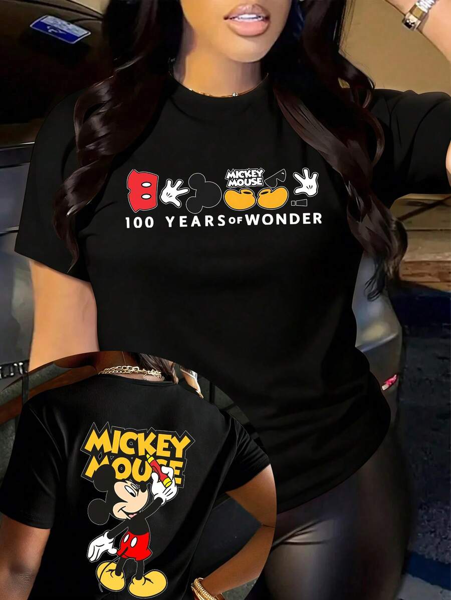 Disney Women's Casual Mickey Mouse 100 Years Of Wonder Print Short Sleeve Round Neck Black Cotton T-Shirt, Regular Fit Top - 黑色 - 查看 1