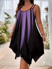 Plus Size Women's Purple Striped Mid-Length Sleeveless Asymmetric Hem Knit Dress Vacation Summer Elegant - Purple - View 3