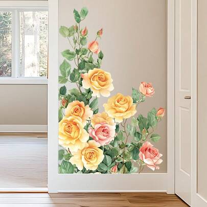 1pc Spring Yellow & Pink Rose Floral Wall Sticker, Romantic Watercolor Flower Removable Wall Decal For Home Bedroom Living Room Decor