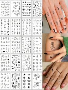 20 Sheets Small Size Temporary Tattoo Stickers For Women And Men Finger Sticker, Black Flower, Butterfly, Starry Sky, Stars, Moon, Snake Fake Tattoo, Water-Resistant Body Decals Suitable For Hand, Arm, Face, Finger And Neck Decor - Multicolor - View 1