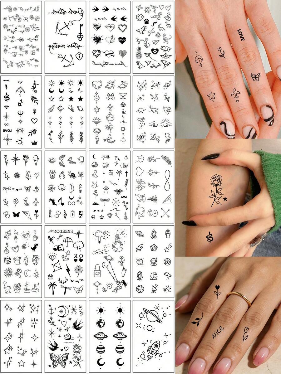 20 Sheets Small Size Temporary Tattoo Stickers For Women And Men Finger Sticker, Black Flower, Butterfly, Starry Sky, Stars, Moon, Snake Fake Tattoo, Water-Resistant Body Decals Suitable For Hand, Arm, Face, Finger And Neck Decor - Multicolor - View 1