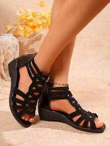 Sandalias casuales de mujer talla grande con cuña, tira de strass y cremallera en la parte trasera, cómodas y versátiles de estilo romano - Negro brillante - Ver 5