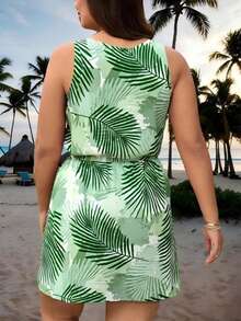 Vestido casual elegante de talla grande para mujer con estampado de plantas tropicales sin mangas - Verde - Ver 2