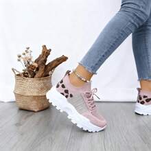 Fashion Leopard Print Lace-Up Trainers. Lightweight Mesh, Cushioned Sole And Flexible Design, Comfy For Gym, Walking And Everyday Casual Wear. - Pink - View 5