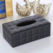 Large Size Black Plaid Rectangular PU Leather Tissue Box - Black - View 6
