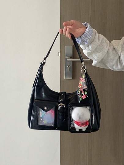 Túi đeo chéo hình lưỡi liềm phong cách Nhật Bản mới, thiết kế độc đáo, thời trang đường phố tối giản, dung tích lớn, có logo trong suốt, thích hợp cho mua sắm hàng ngày, đi làm, dự tiệc, hội chợ anime, quà tặng ngày lễ, túi xách đeo vai.