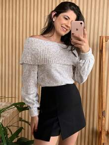 Knit Blouse With Off-The-Shoulder Yoke And Long Sleeves - Natural - View 1