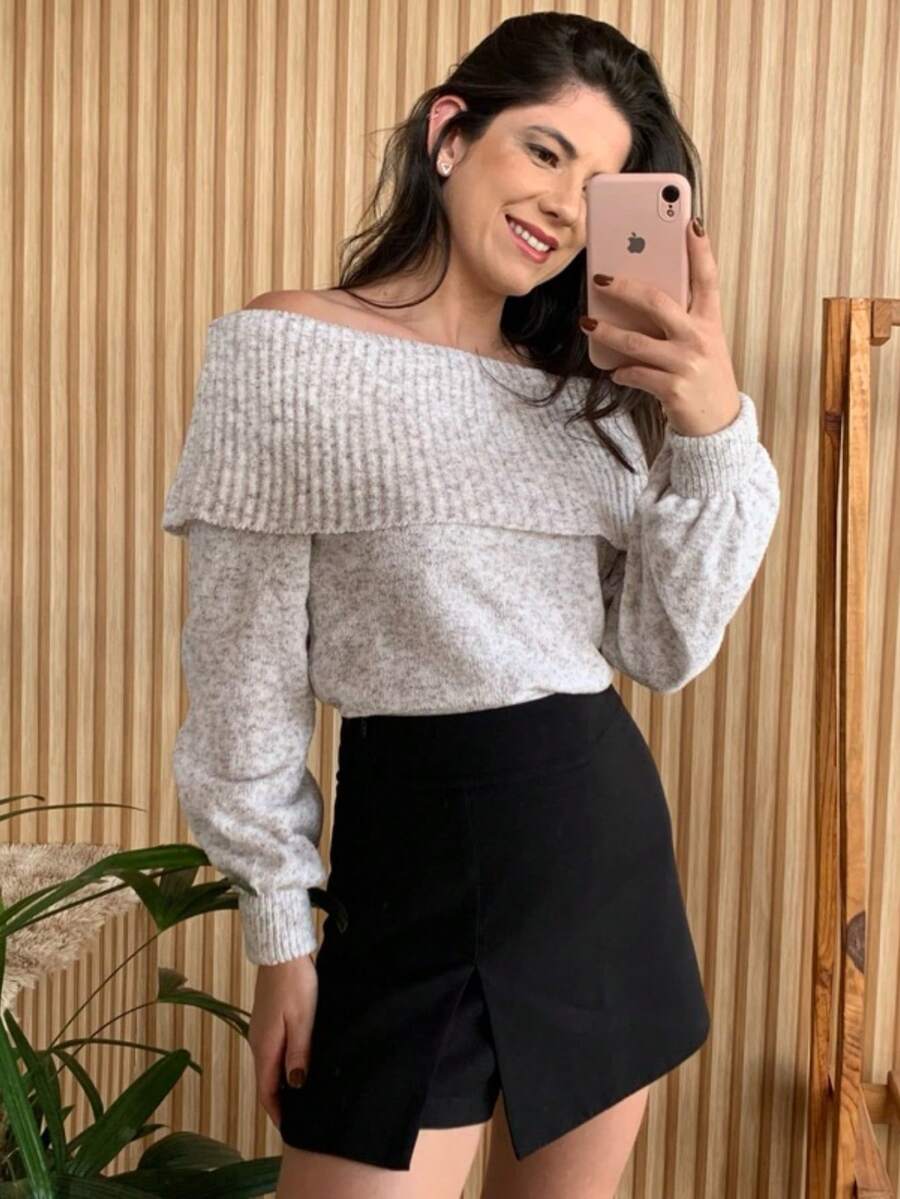 Knit Blouse With Off-The-Shoulder Yoke And Long Sleeves - Natural - View 1