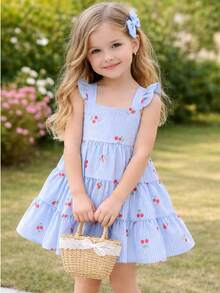 Children's Dress With Floral Print, Stripes And Hearts. Three Marias Dress With Tie And Elastic Back For Adjustable Adjustment. Cool And Lightweight Fabric. Spring/Summer. - Baby Blue - View 6