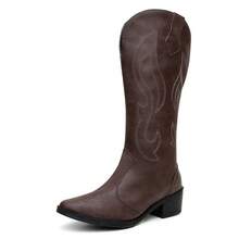 Women's High-Top Western Embroidered Boot, Caramel Country Style, Side Zipper, Holiday Style - Coffee Brown - View 4