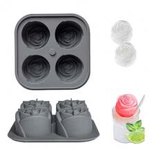 1个4格玫瑰花形硅胶冰格，3D冰模，适用于威士忌、鸡尾酒、饮料冷却 - 灰色 - 查看 4