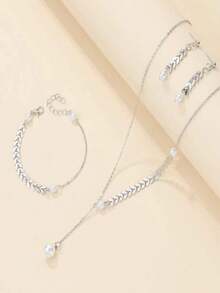 Set de 3 piezas: Collar con cadena de espiga de trigo de moda, collar de cadena delicada de perlas y pendientes a juego para mujeres - Plateado - Ver 3