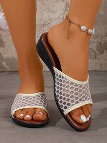 Fashionable Minimalist Breathable Hollow-Out Slip-On Wedge Sandals, Versatile For Summer Beach Vacation Wear With Dresses - White - View 2