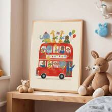 1幅帆布墙画，儿童房装饰，伦敦巴士主题，动物乘坐红色巴士，中性儿童房装饰，卡通动物墙画，艺术印刷品，温馨婴儿房礼物，男孩房装饰，女孩房装饰，现代波西米亚风海报，现代婴儿房海报，房间装饰，卧室装饰，浴室装饰，游戏室装饰，幼儿园海报，婴儿礼物，新生儿礼物 - 彩色 - 查看 8