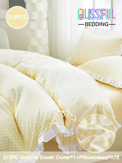 Set de lenjerie de pat Blissful, 2/3 buc., cu model floral, dantelă, model solid, carouri moi. Setul include: 1 husă de pilotă cu dantelă florală + 1/2 față de pernă cu dantelă florală (fără pilotă/inserție de pernă). Fermoar ascuns, 4 legături de colț. Potrivit pentru dormitor, cămin, călătorii, sejur la hotel, pentru toate anotimpurile.