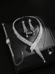 Set de joyería de 5 piezas con patrón geométrico: collar, aretes, pulsera, anillo - Plateado - Ver 4