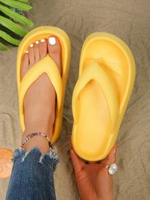 Pastel Color Magenta Platform Flip Flops For Women And Man, Soft Non-Slip Sole, Summer Indoor Outdoor Shopping Vacation Beach Shoes, Multi-Color Optional, Ideal Holiday Gifts - 黃色 - 查看 1