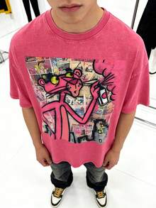 Washed T-Shirt Men Women Unisex Retro "Neon Pink Leopard Artist" Pop Art Oversized Short Sleeve Tee - 玫紅色1 - 查看 2