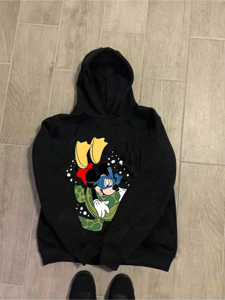 Disney Mickey Mouse Pattern Men's Sweatshirt, Regular Fit, Machine Washable, Suitable For Casual Wear In Autumn And Winter, Cartoon Character Design, Comfortable Fabric, Detailed Description, Easy To Care For, Suitable As A Gift, Birthday Gift, Or Present. - Black - View 1