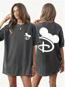UNIHLO   Disney  Printed Summer Heavyweight Retro Washed Street Fashion Casual T-Shirt - màu đen - Xem 1