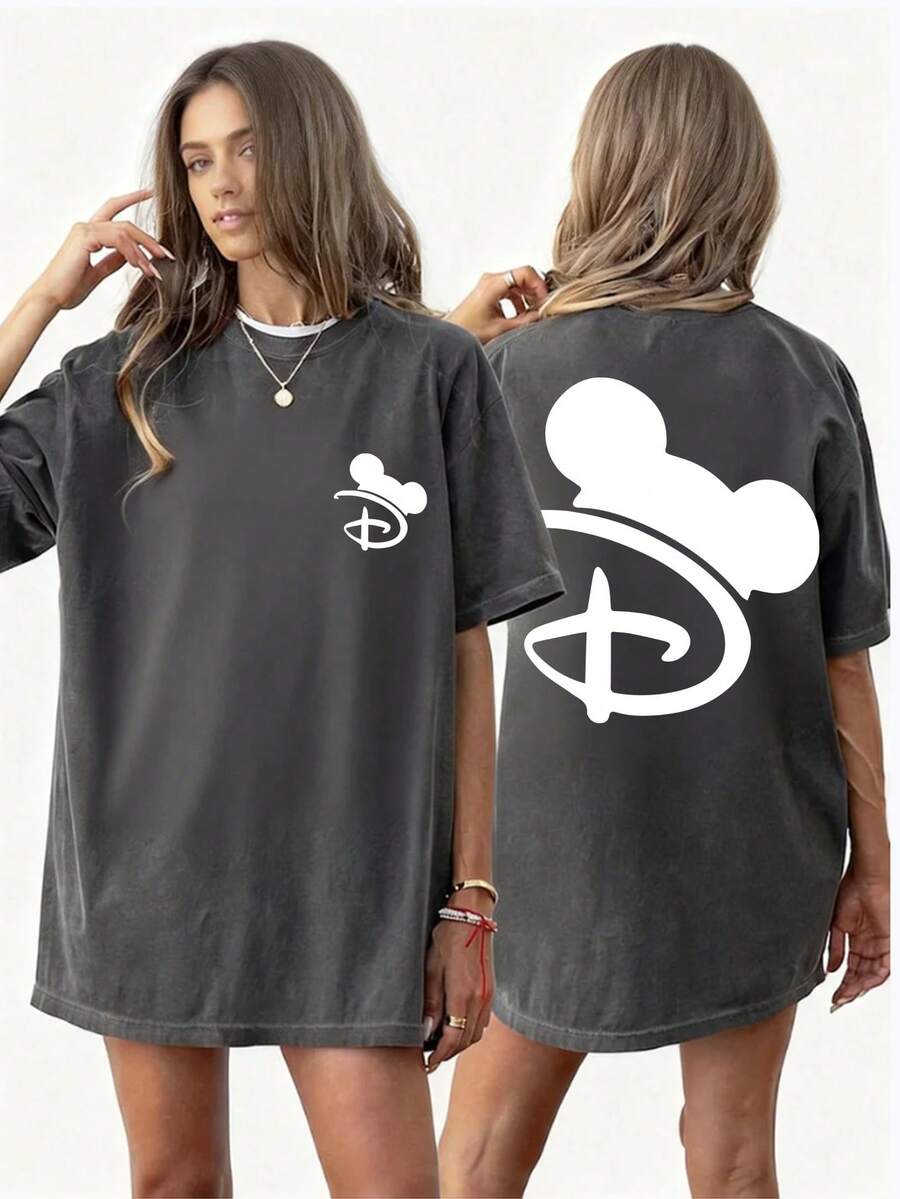 UNIHLO Disney Printed Summer Heavyweight Retro Washed Street Fashion Casual T-Shirt - màu đen - Xem 1