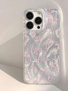 1pc Girly Pink Bow & Polka Dot Pattern Elegant Feather Soft Phone Case, Shockproof Cover Suitable For IPhone 11/12/13/14/15/16/17 Pro Max - Multicolor - View 2
